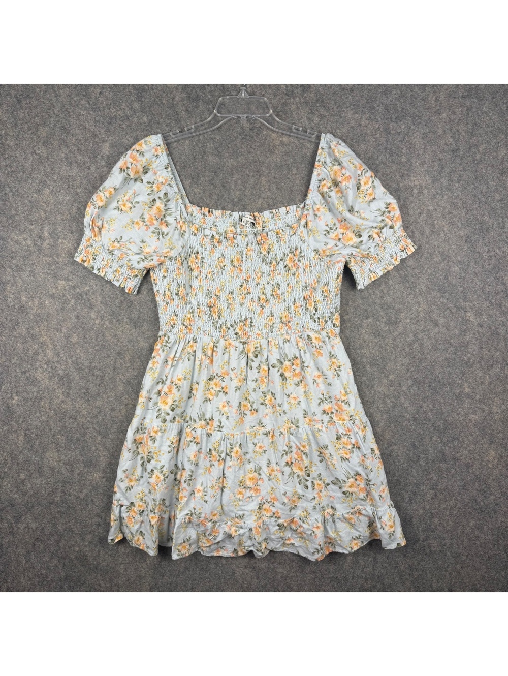 American Eagle Tiered Mini Dress Bodice Puff Sleeves Blue Peach Floral Large 705